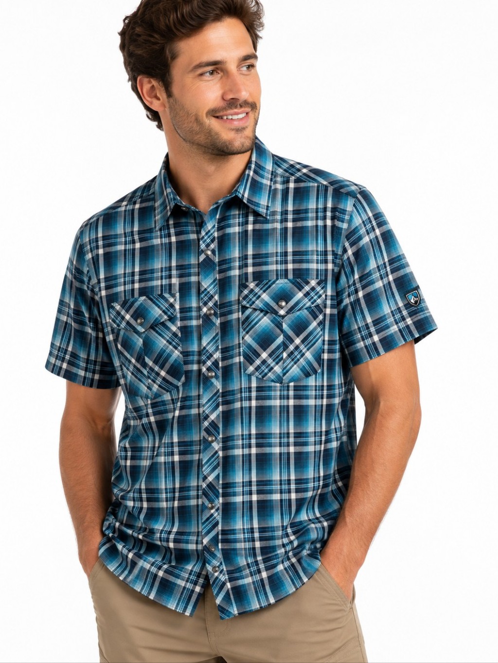 Kuhl Response Ss Performance Plaid Stretch Shirt Mens Small Blue Western Outdoor